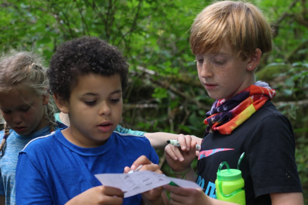 Two boys working togther to mark a nature checklist on a paper in the forest at Camp Lutherwood Oregon