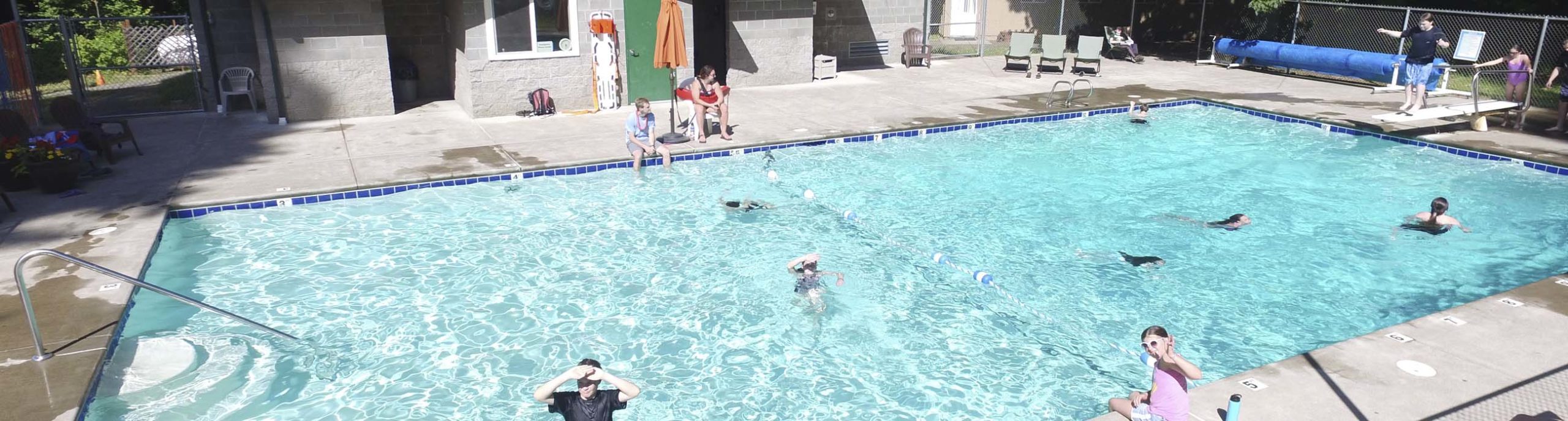 An overhead view of the pool filled with campers at Camp Lutherwood Oregon