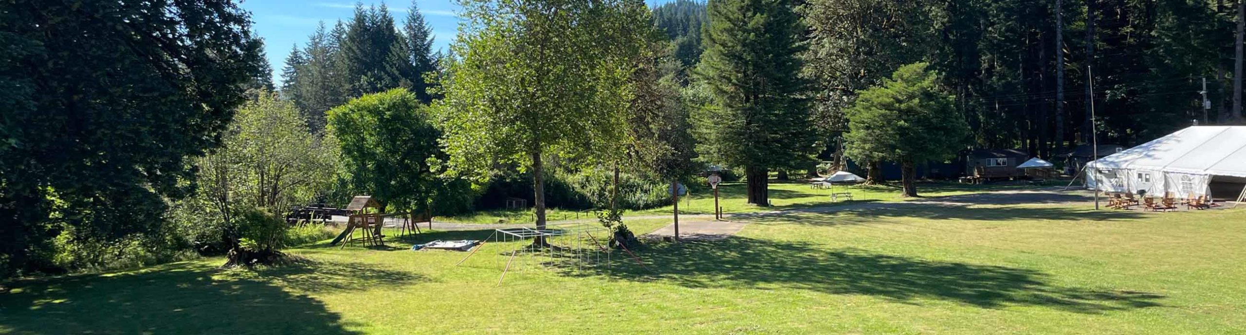 The front field at Camp Lutherwood Oregon seen from the top of the climbing wall looking toward the basketball court