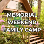 A-frame Cabin with the text "Memorial Weekend Family Camp"