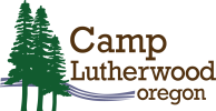 Camp Lutherwood Oregon logo with fir trees and wavy bue lines